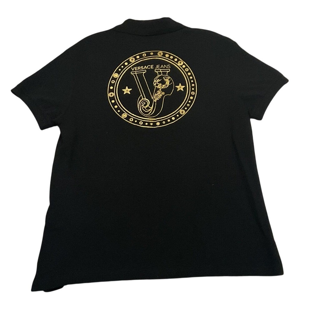 Authentic Vtg Versace Jeans Polo XS Black Gold Panther‎ Back Hit Graphic Logo